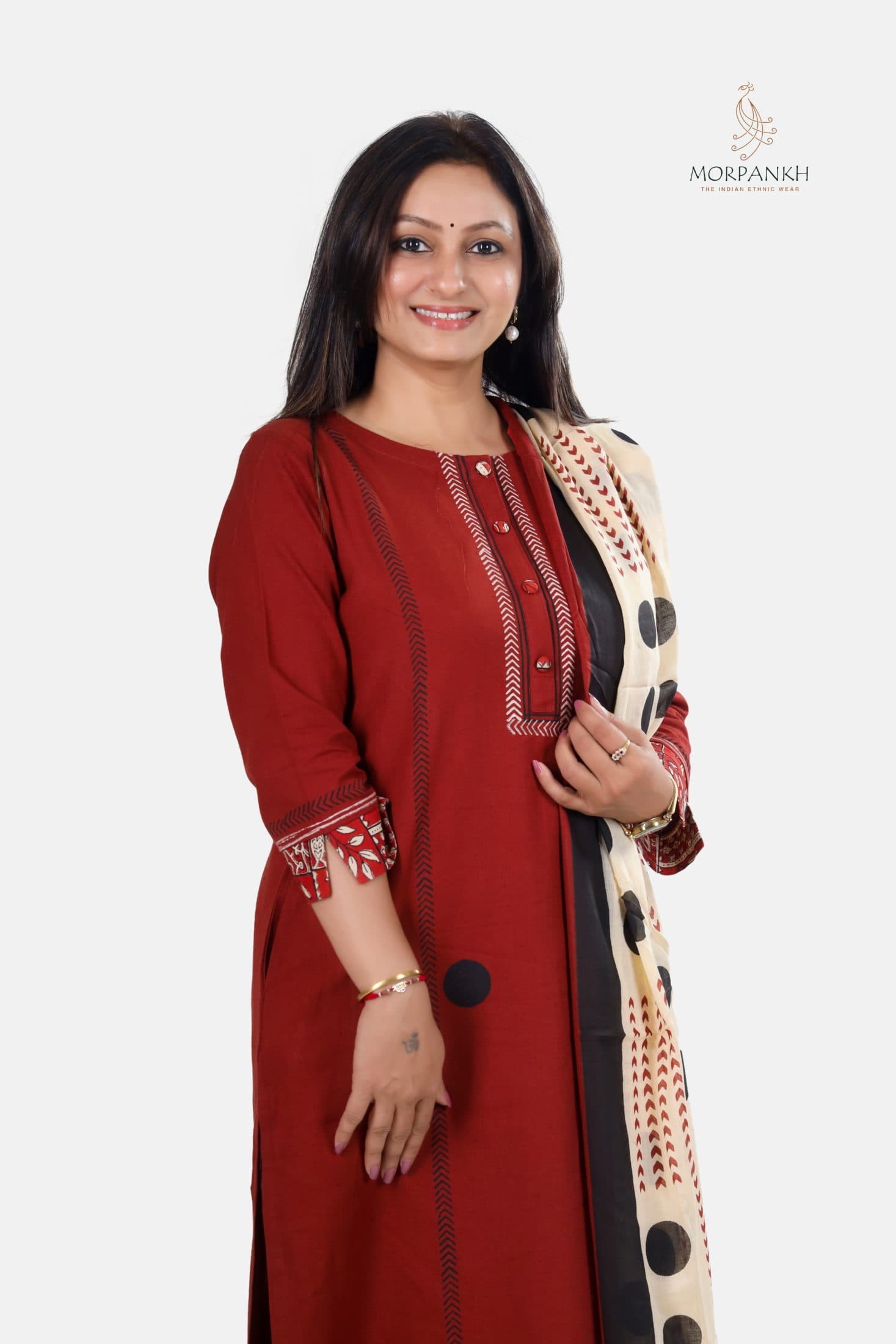 Maroon 3-Piece Printed Dupatta Set