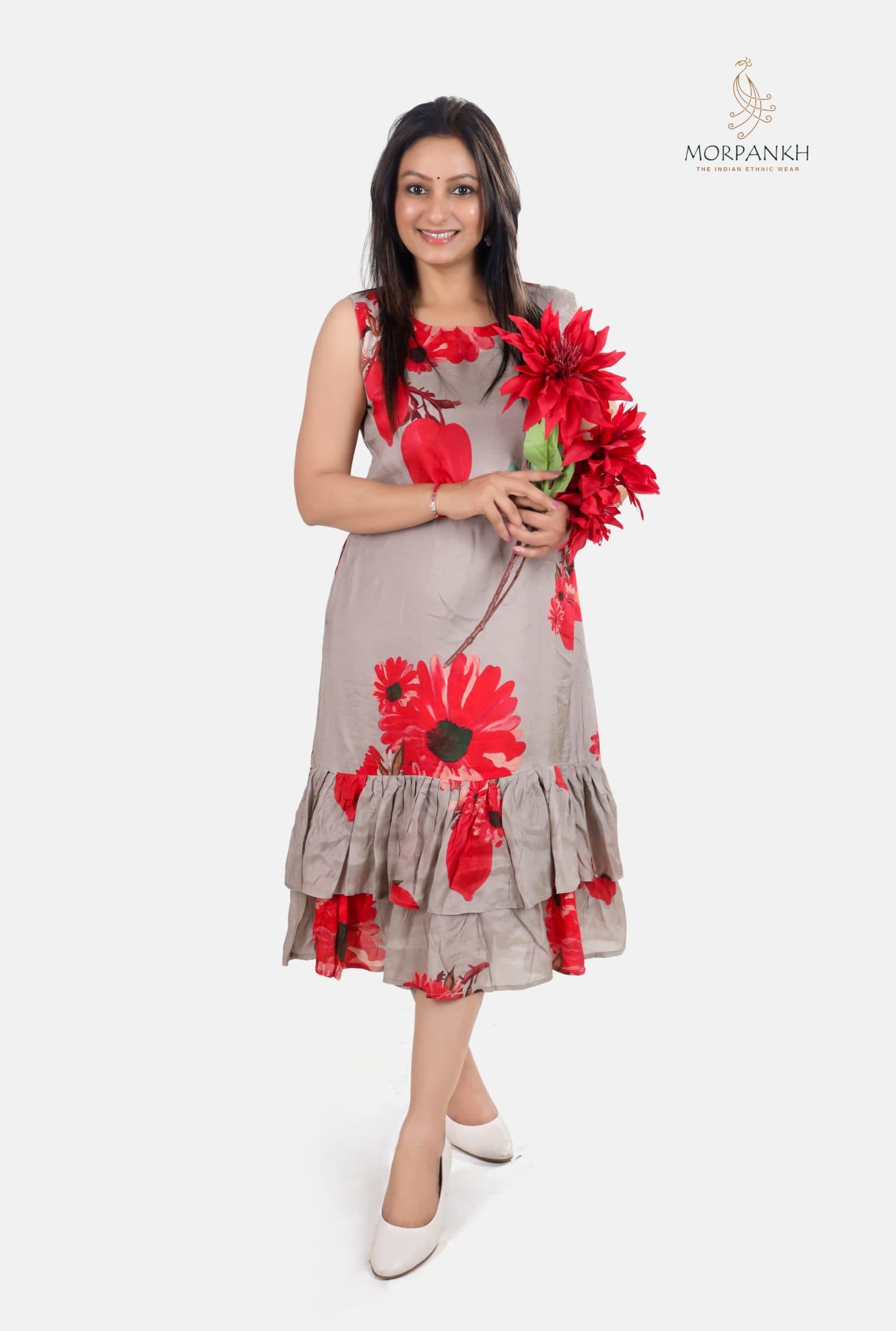 Crepe Floral Graphic Print Double Ruffle Midi Dress