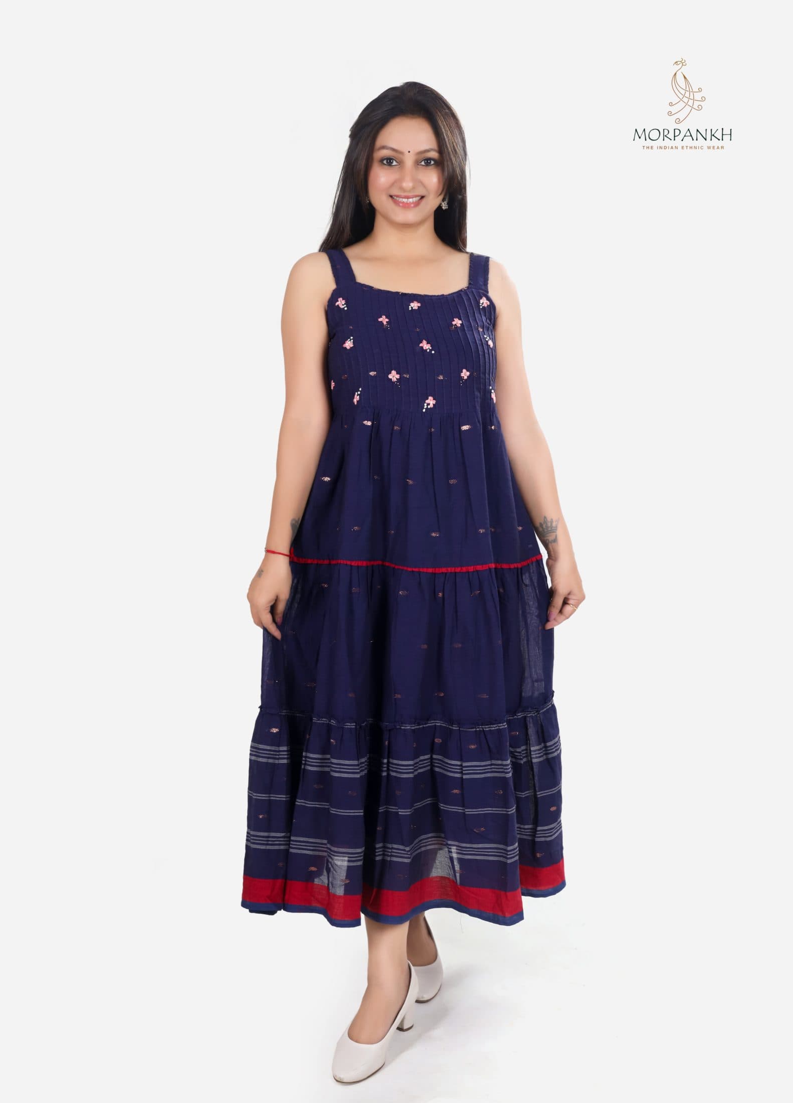 Mul Cotton Spaghetti Strap Hand Embroidered Midi Dress