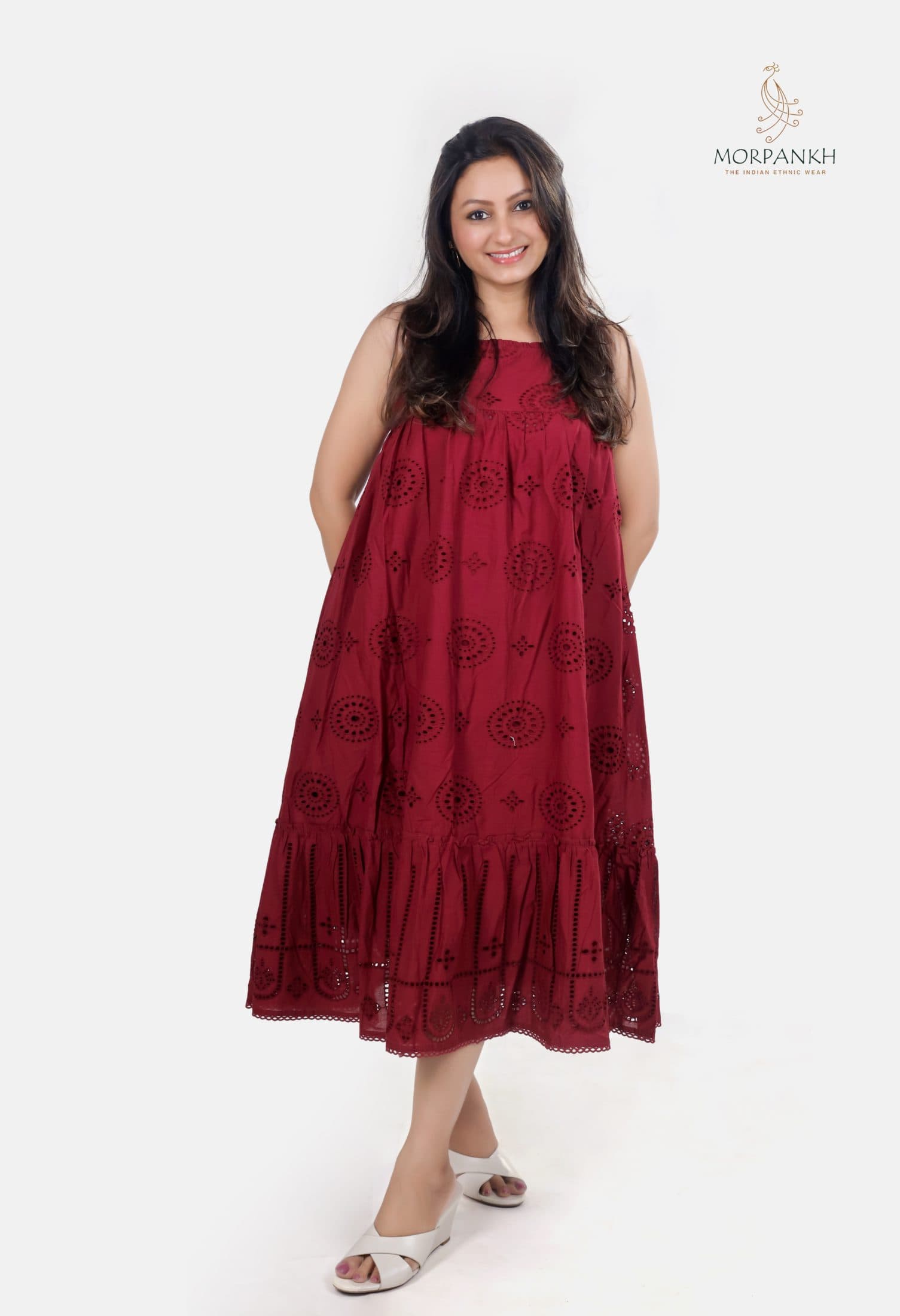 Maroon Cotton Hakoba Midi Dress