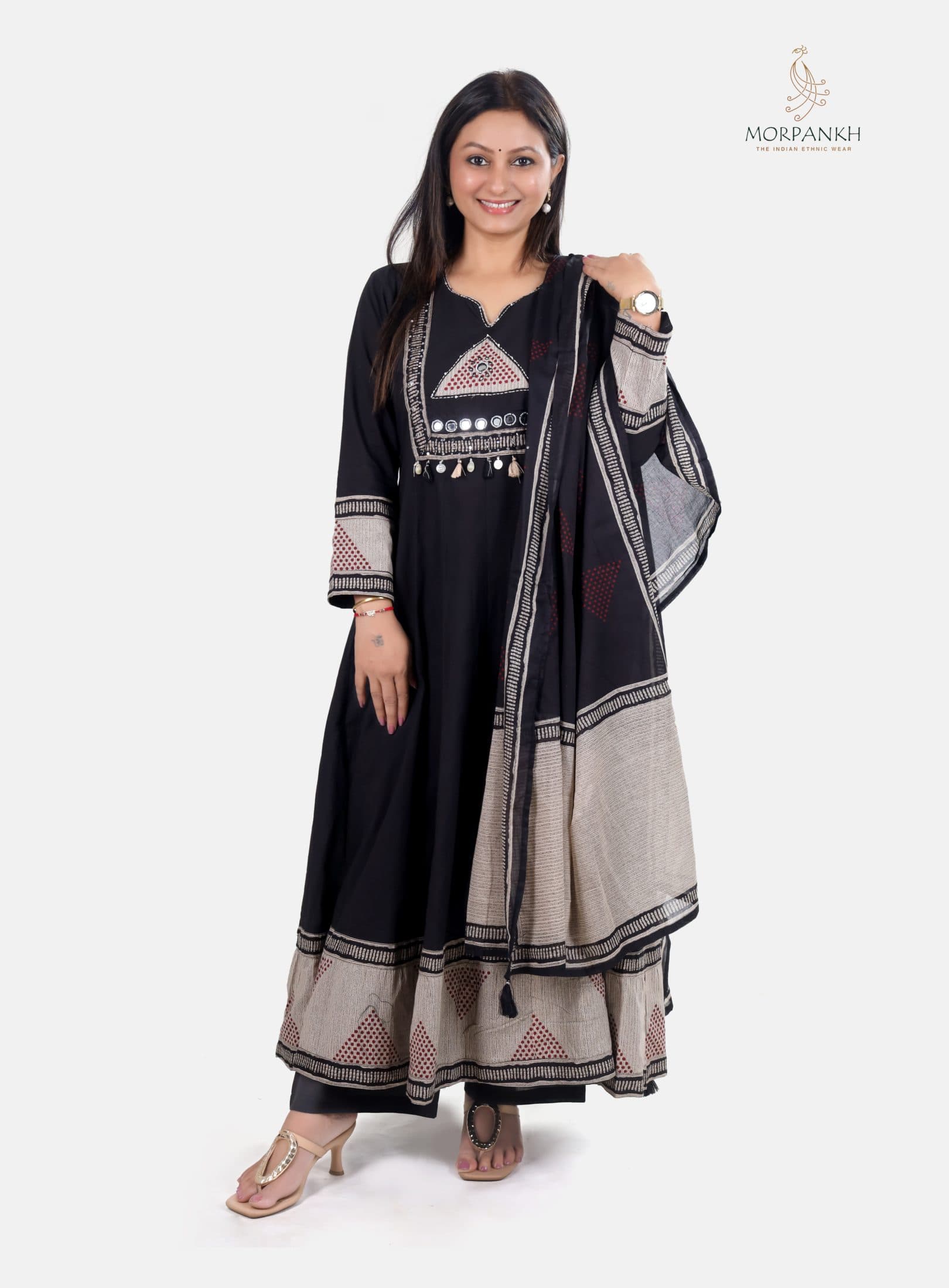 Black Cotton Anarkali Dupatta Set with Geometric Yoke