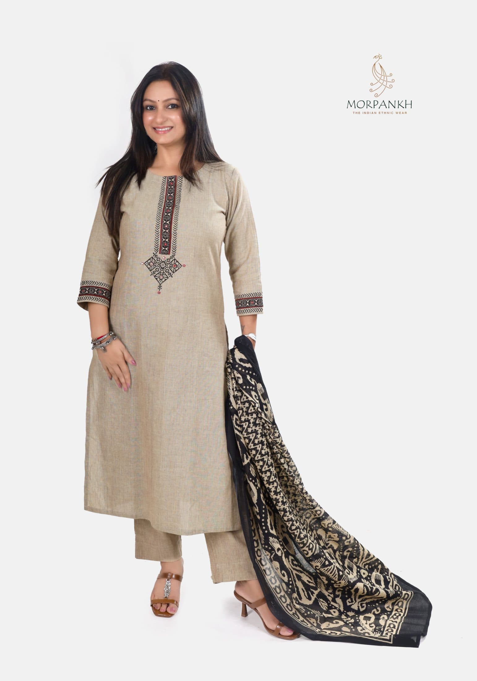 Beige Cotton Straight Kurta Pant Dupatta Set with Block Print Dupatta