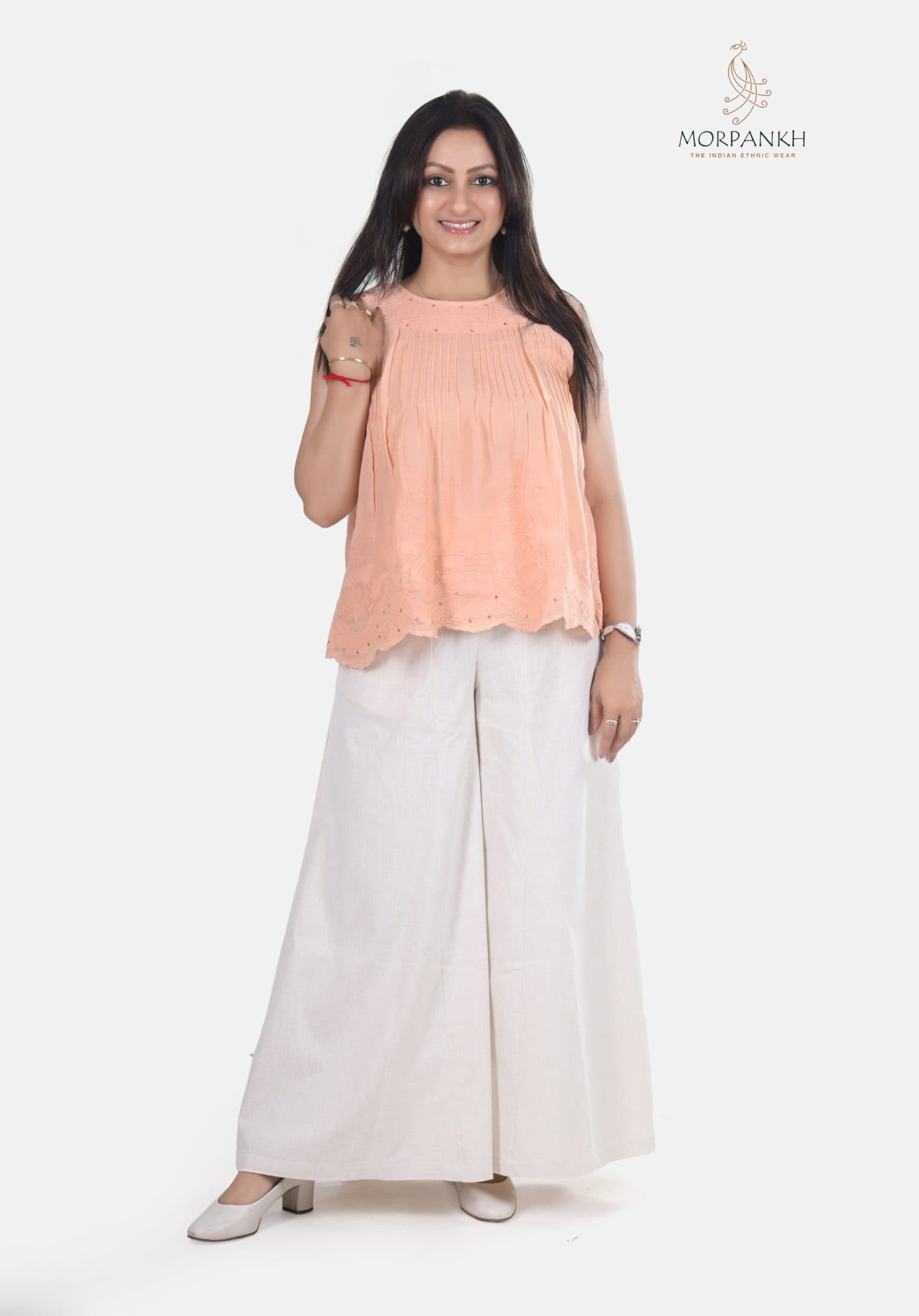 Peach Cotton Chikankari Schiffli Sleeveless Short Top
