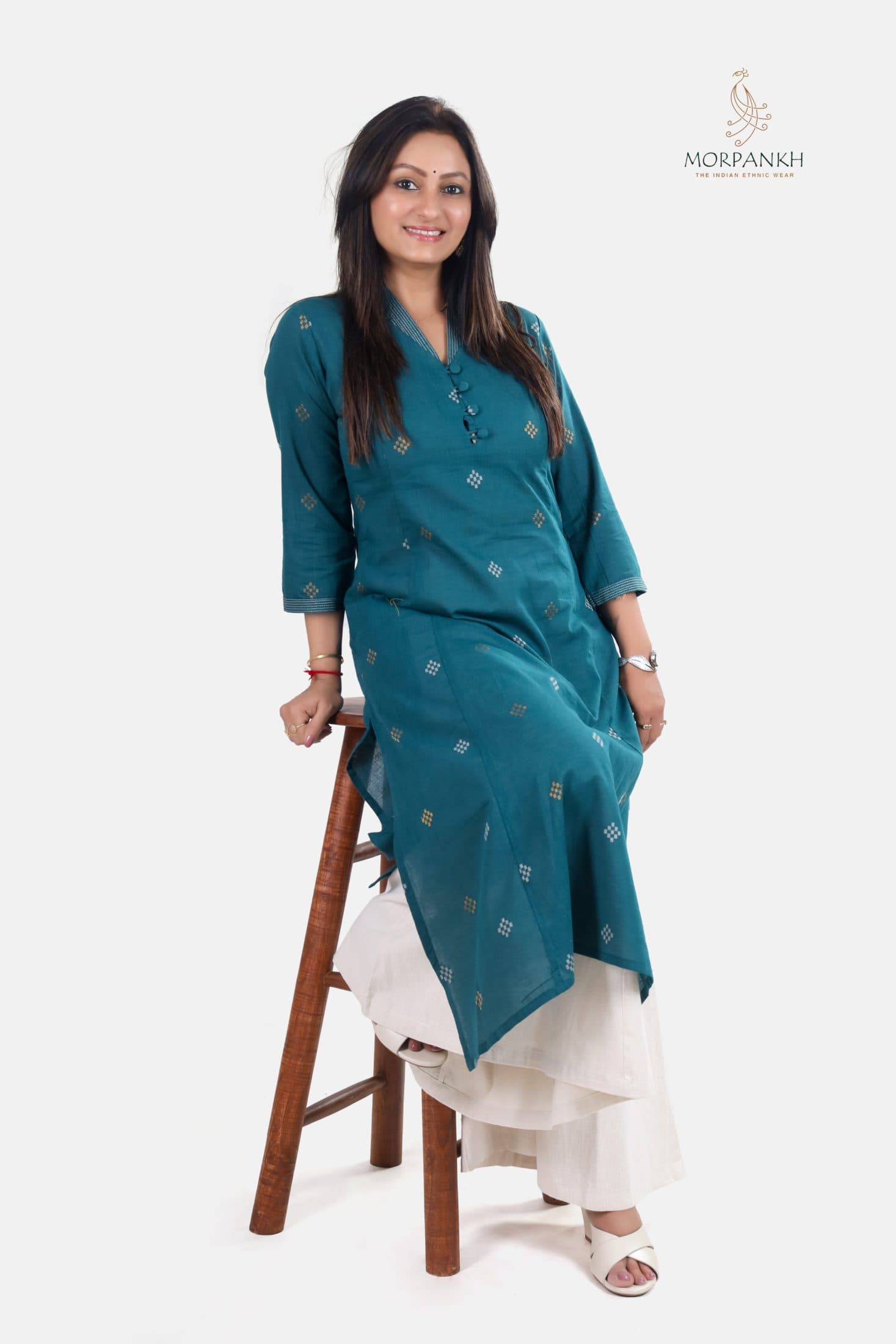 Peacock Blue Straight Cut Ethnic Kurti