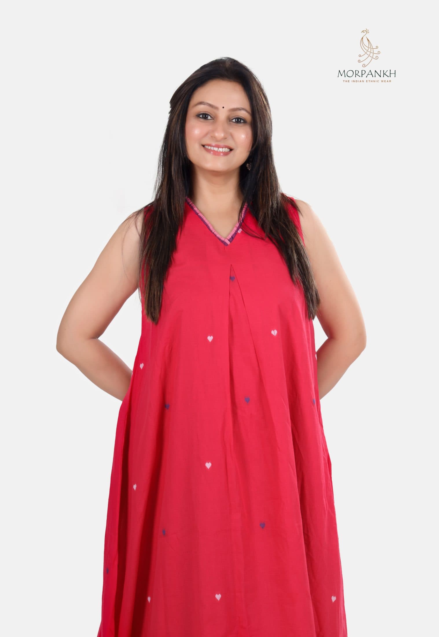 Hot Pink Mul Cotton Jamdani Butti Midi Dress