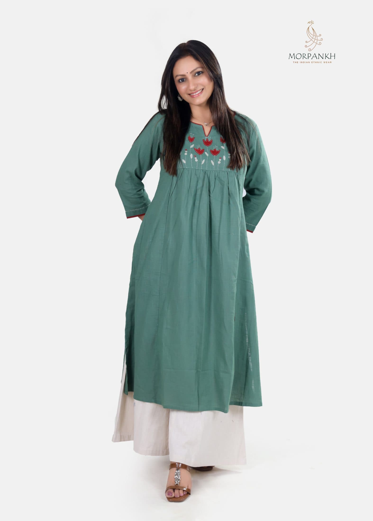 Sage Green Floral Motif A-Line Cotton Kurti