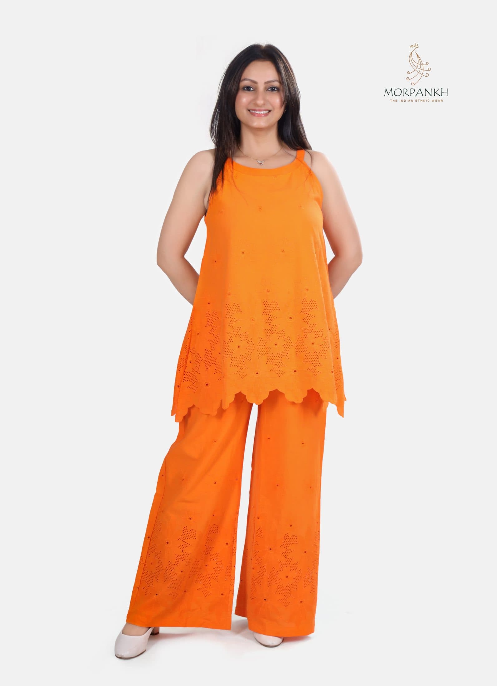 Orange Chikankari Schiffi Cotton Co-ord Set