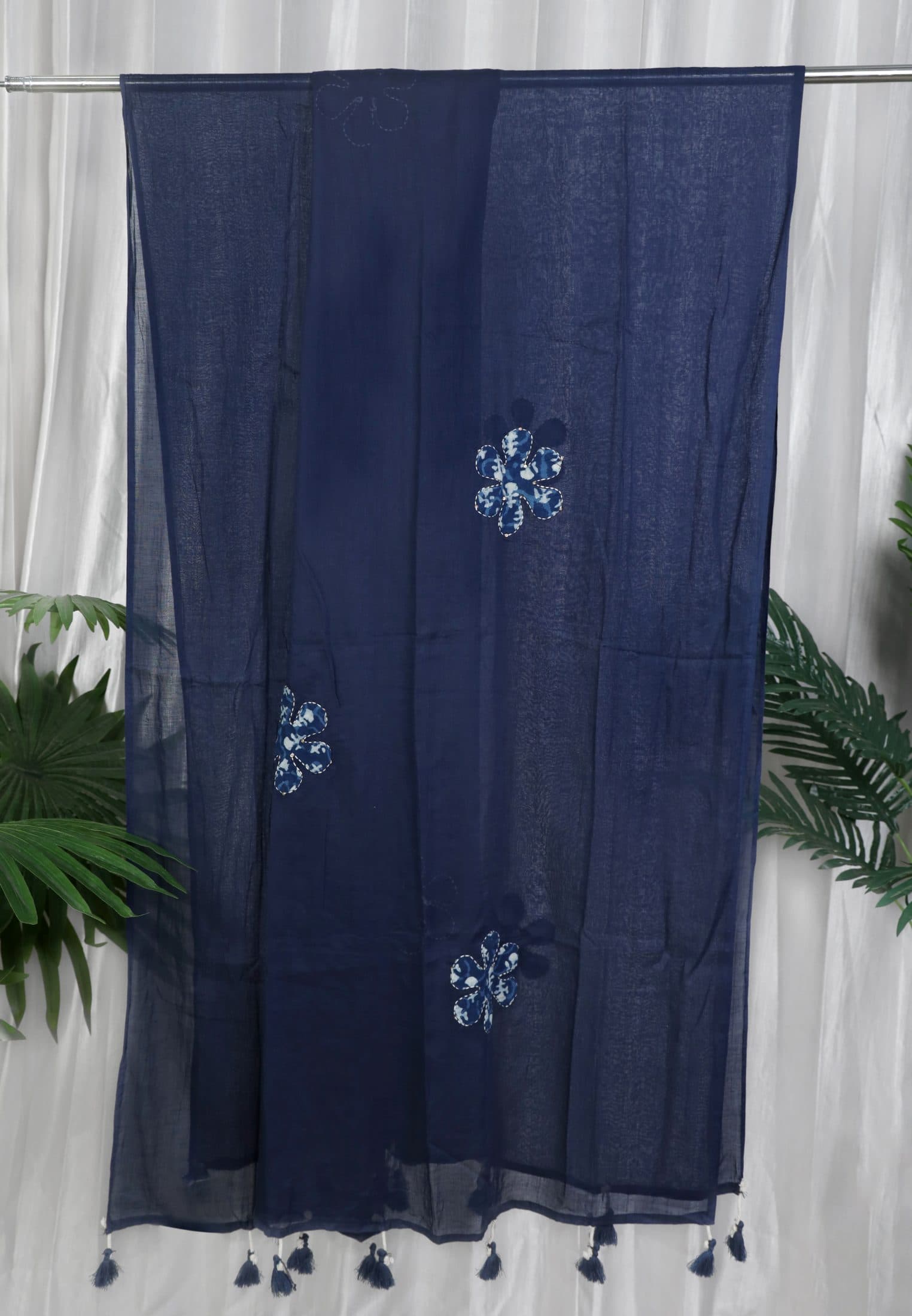 Navy Blue Applique Work Tassel Dupatta