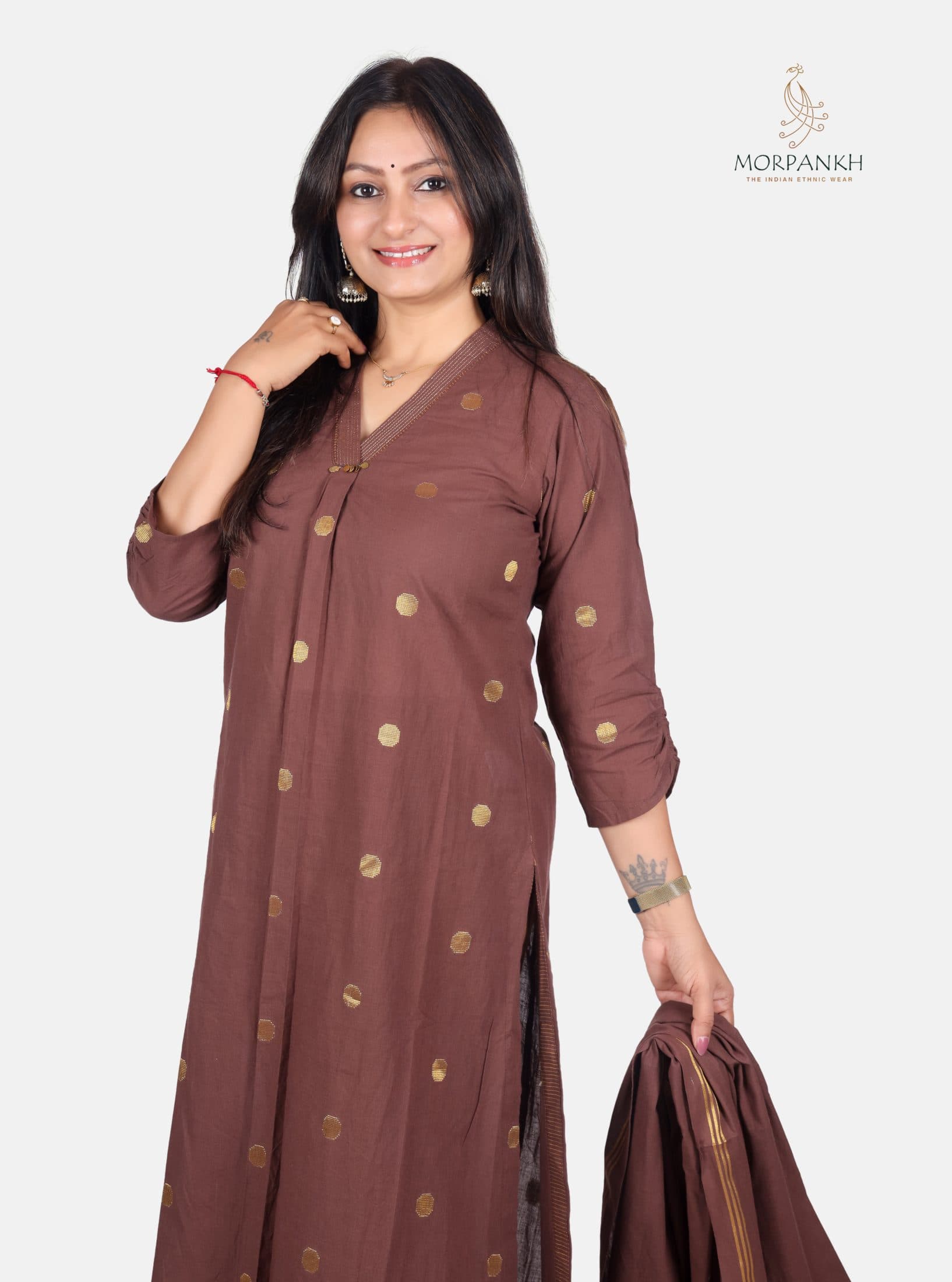 Chocolate Brown Cotton Straight Kurta with Dupatta