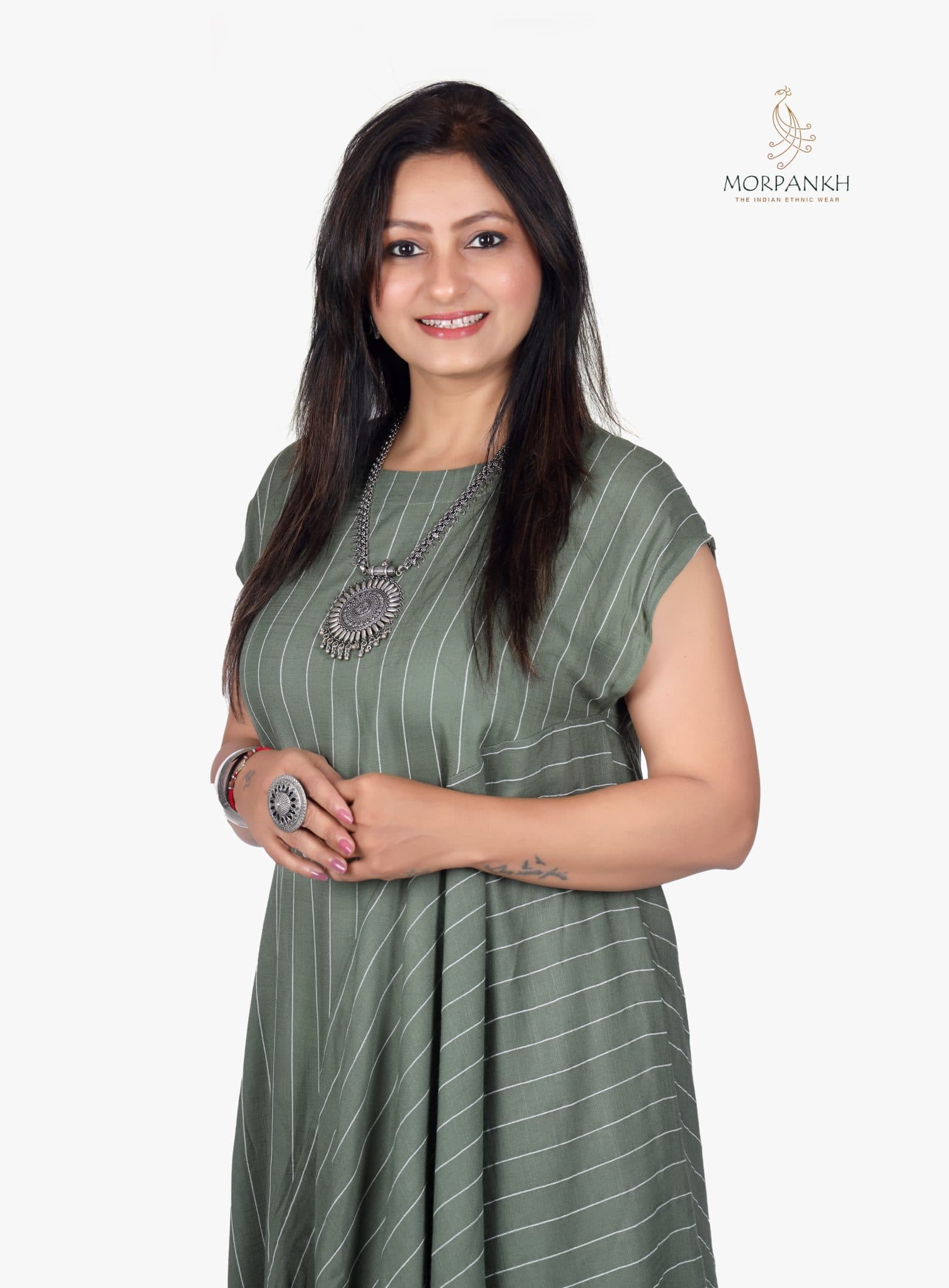 Cotton Saga Green Vertical Stripe Layered Kurti Plazzo Set