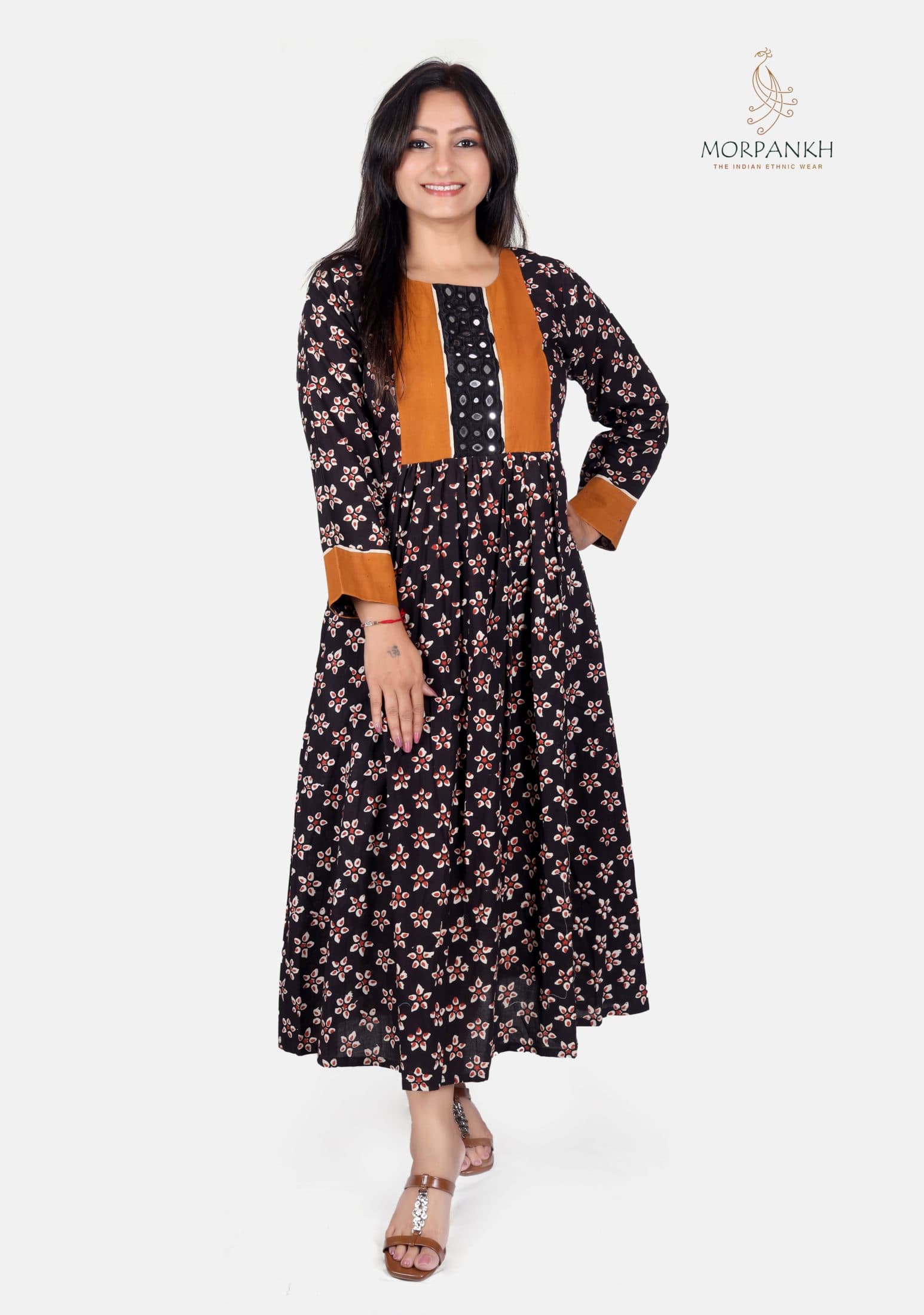 Ajrakh Block Print Dress with Mirror Work