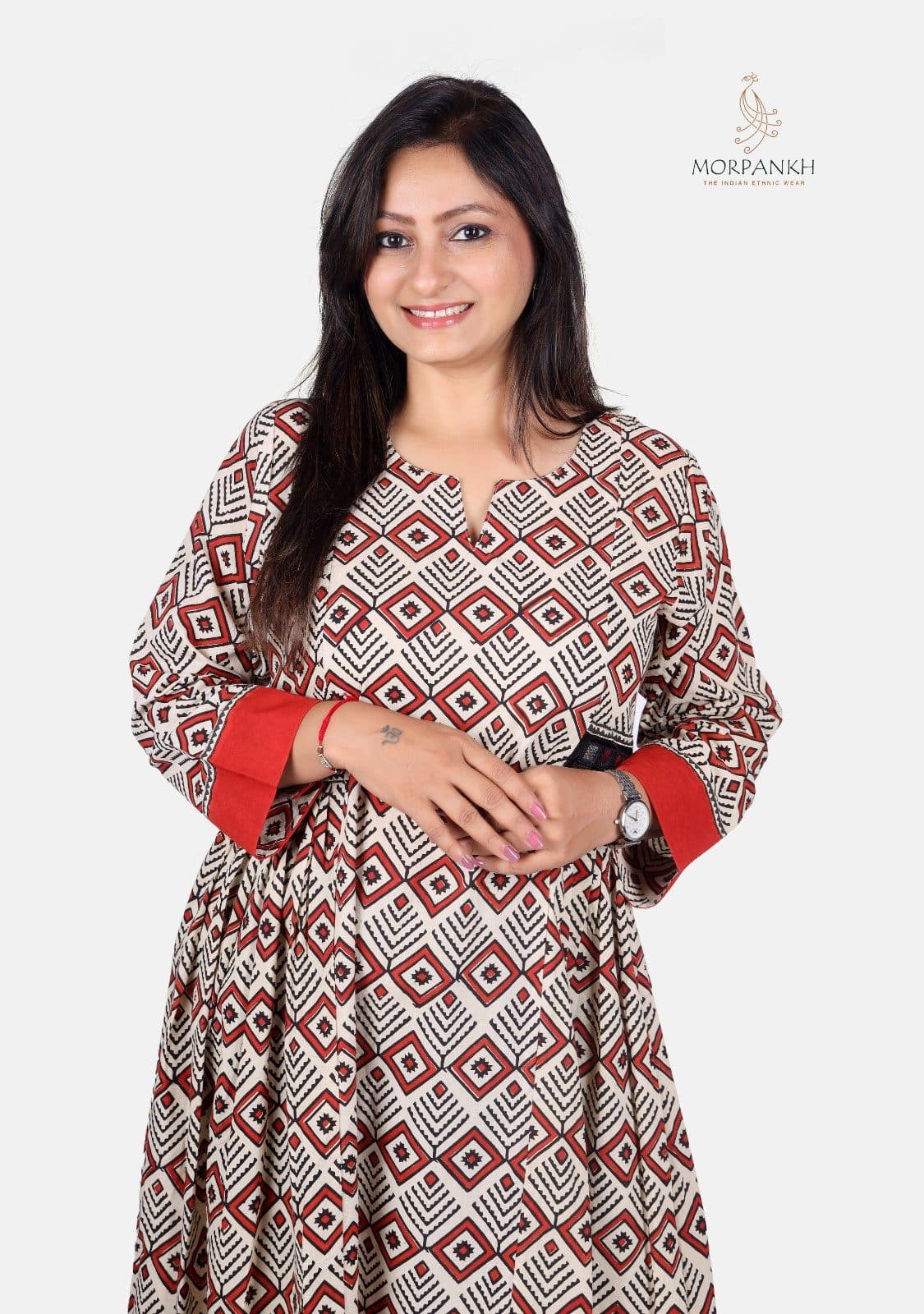 Geometric Print Ethnic Dress with Mirror Work