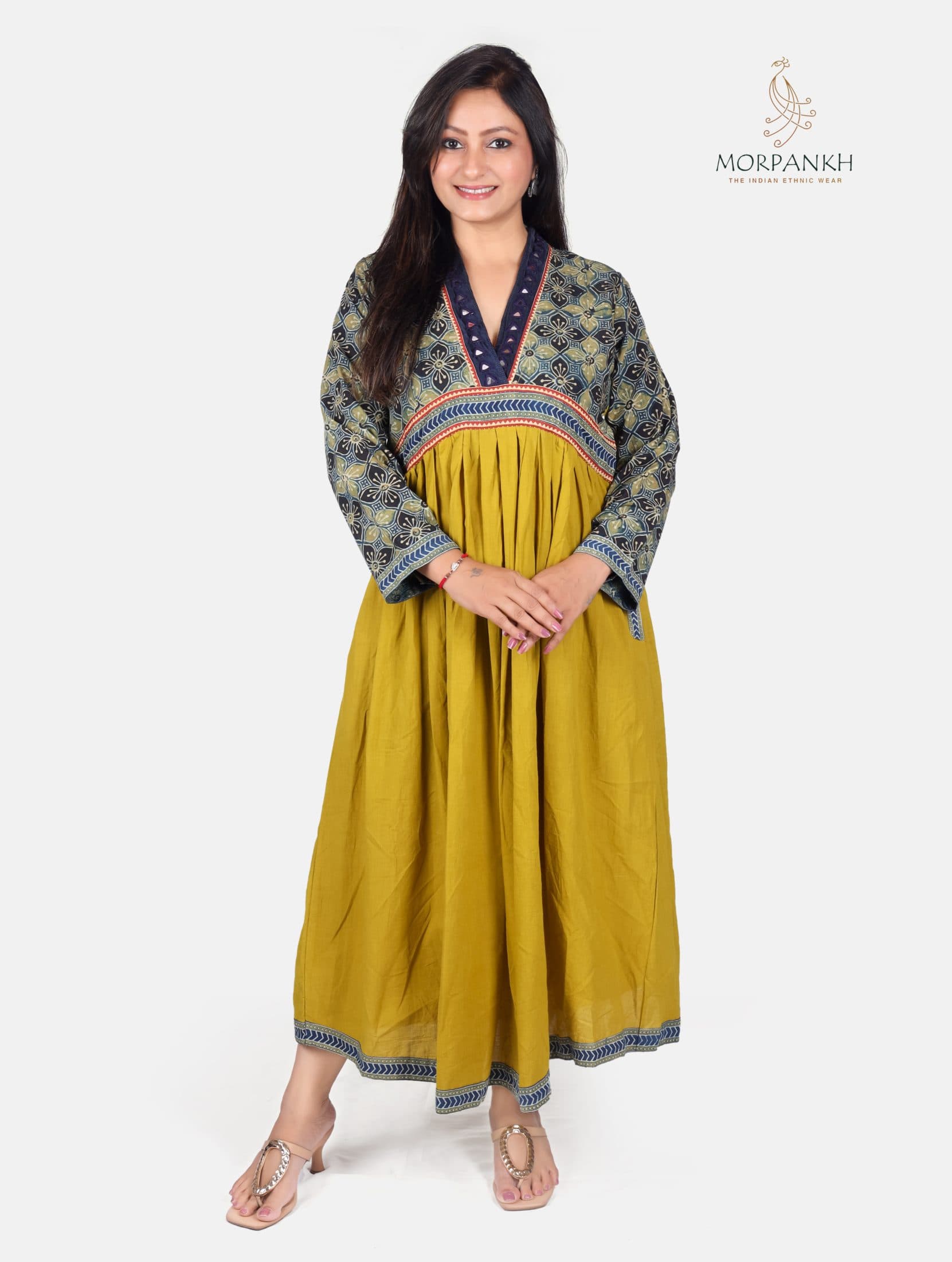Mustard Yellow Ajrakh Print Ethnic Dress with Mirror Work