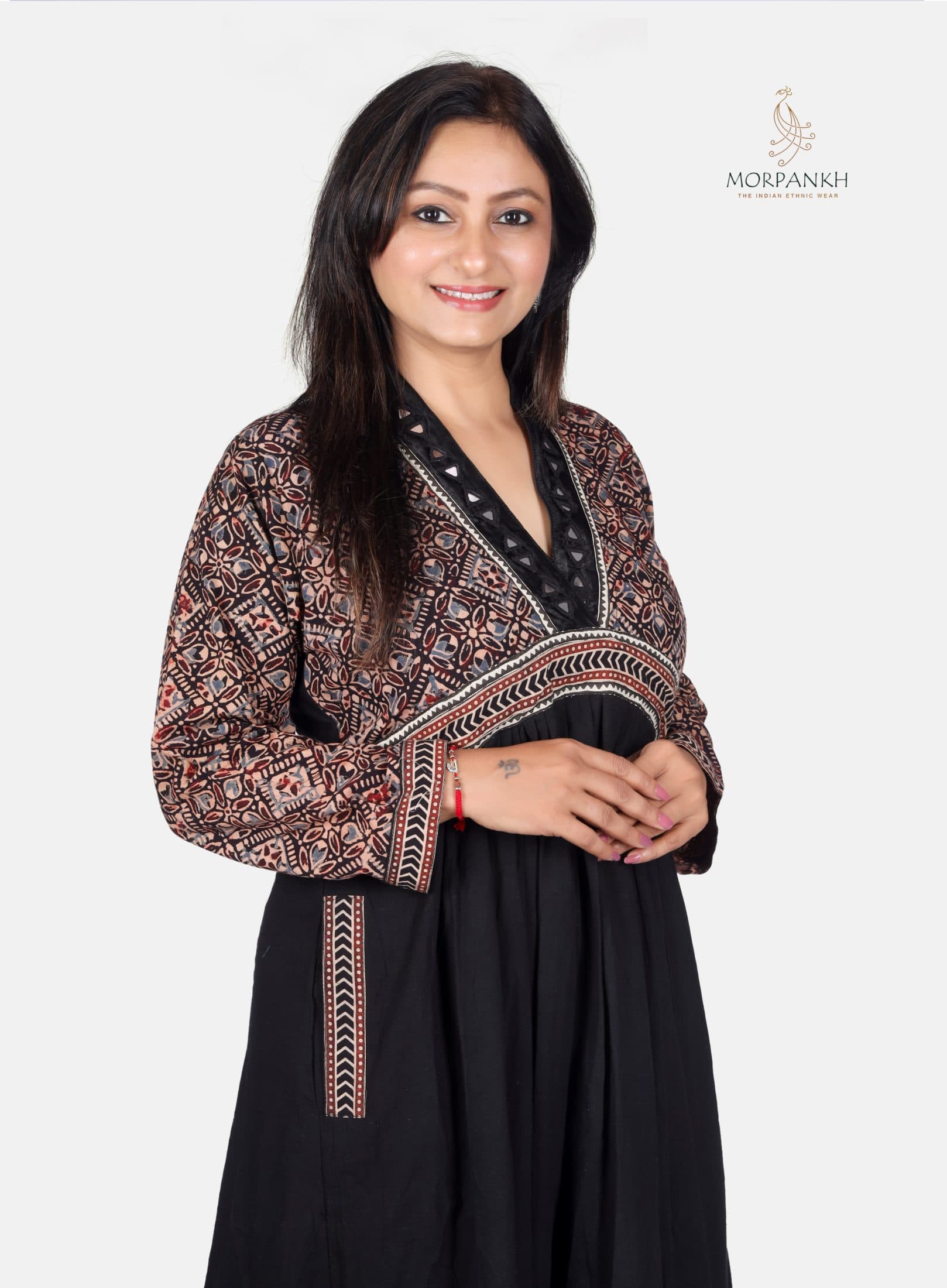 Black Ajrakh Print Ethnic Dress with Mirror Work