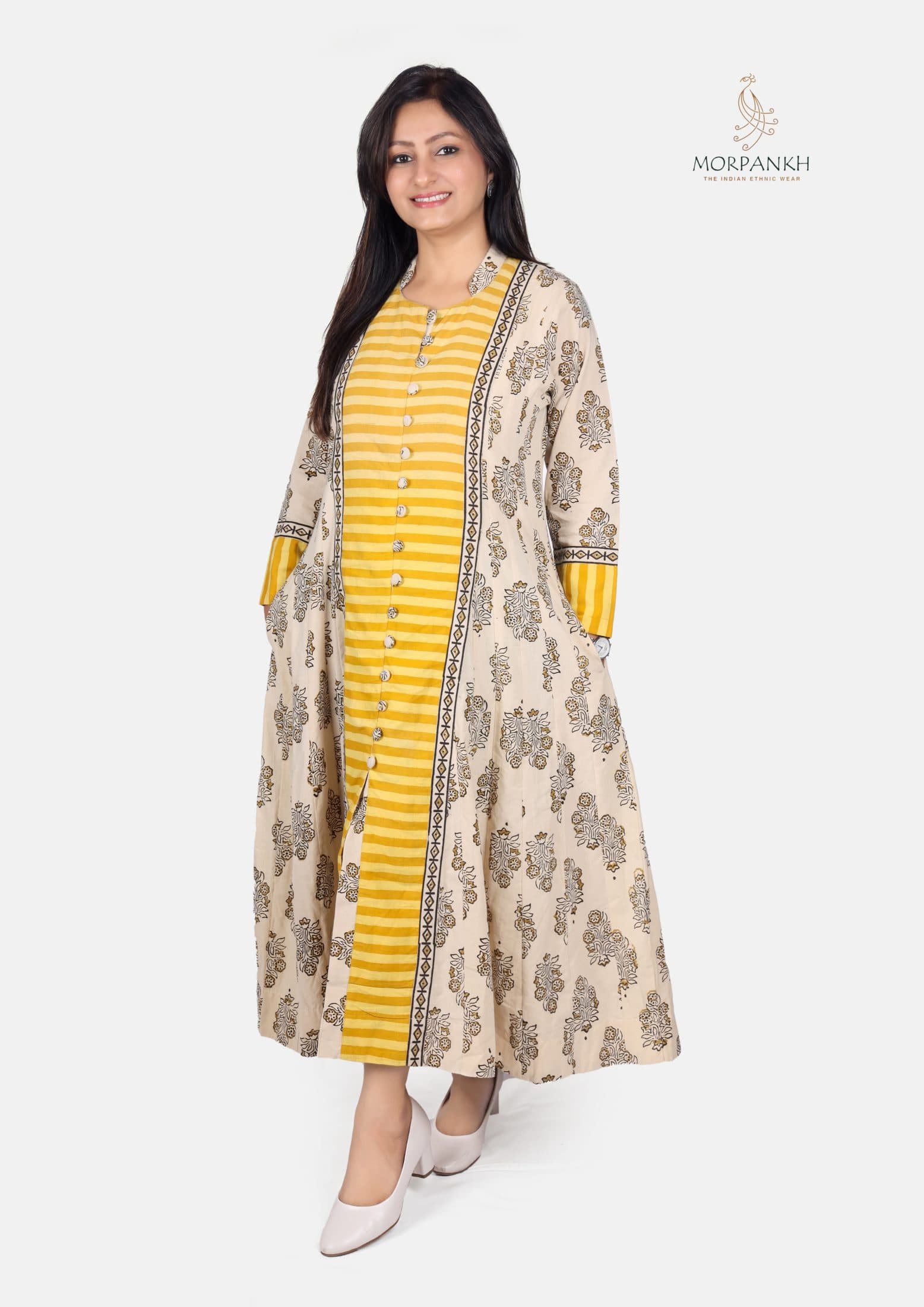Mustard Yellow Striped Indo-Western Cotton Dress