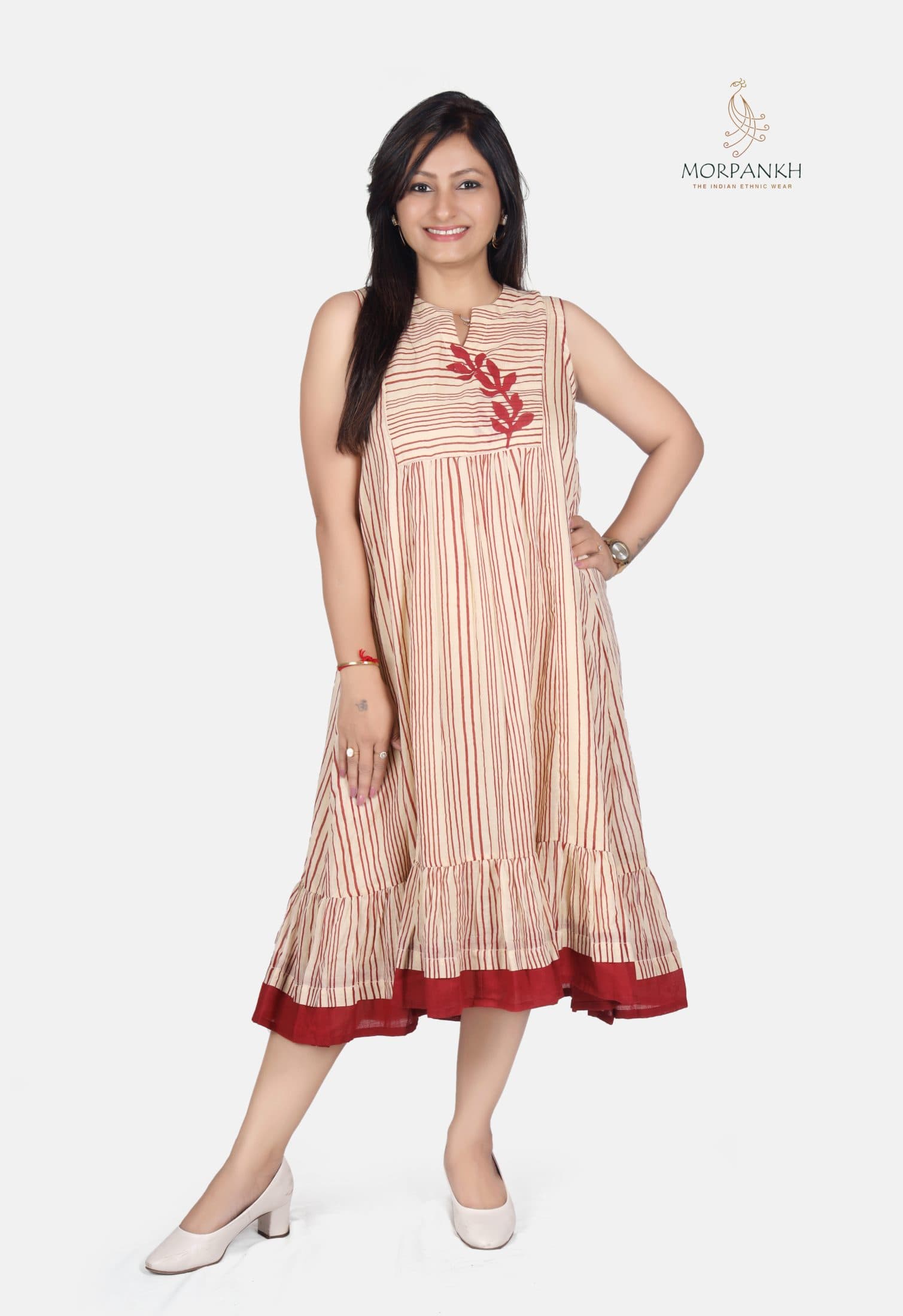 Beige & Maroon Striped Cotton Tiered Dress