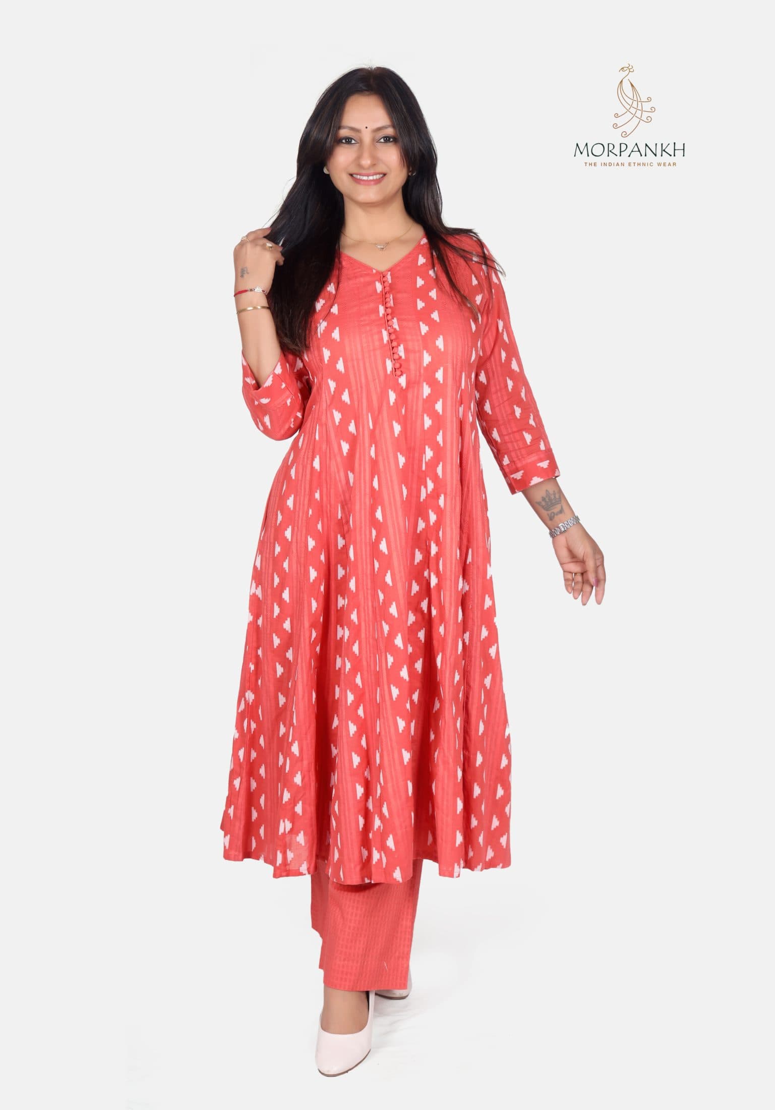 Coral Pink Princess-Cut Printed Kurti Palazzo Set