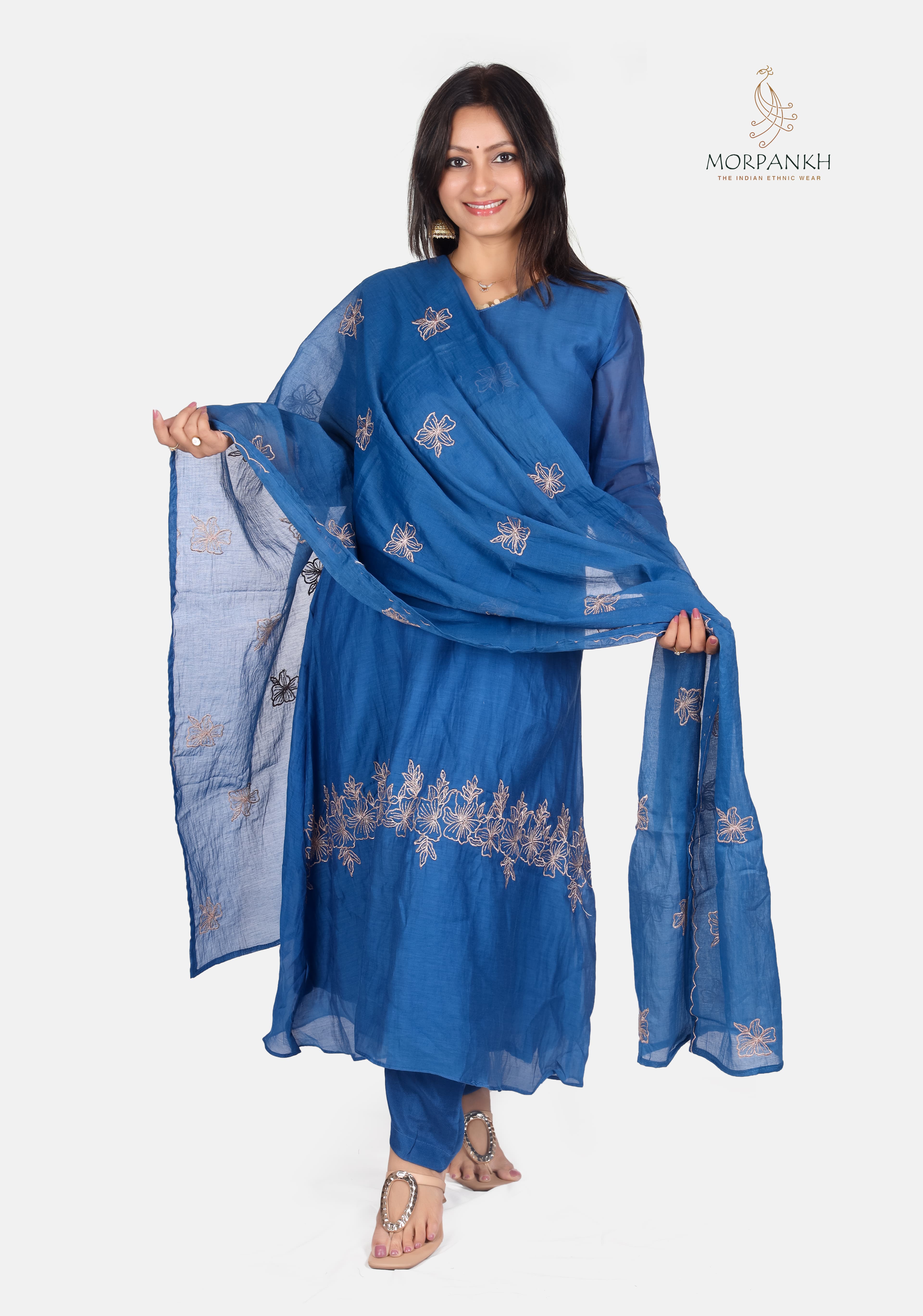 Royal Blue Chanderi Silk Embroidered Dupatta Dress Set