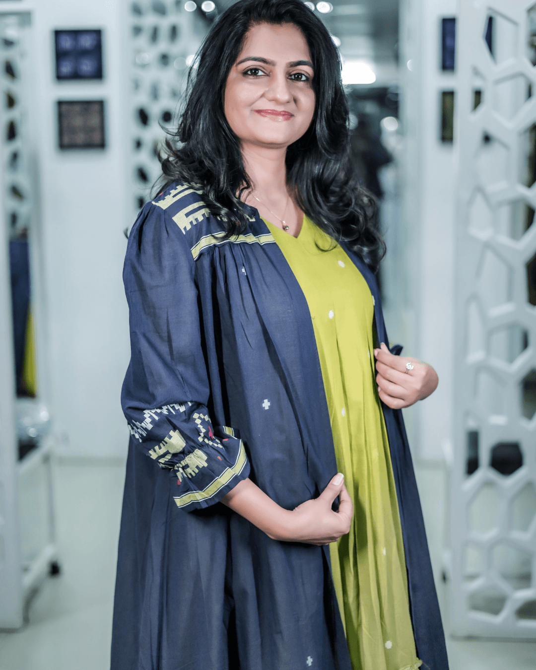 Jamdani Mul Cotton Dress – Lime Inner with Blue Jacket