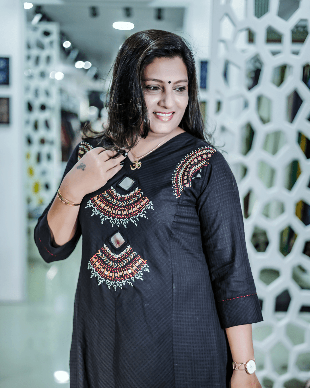 Cotton Anarkali Dupatta Dress – Black Geometric Triangle Motif