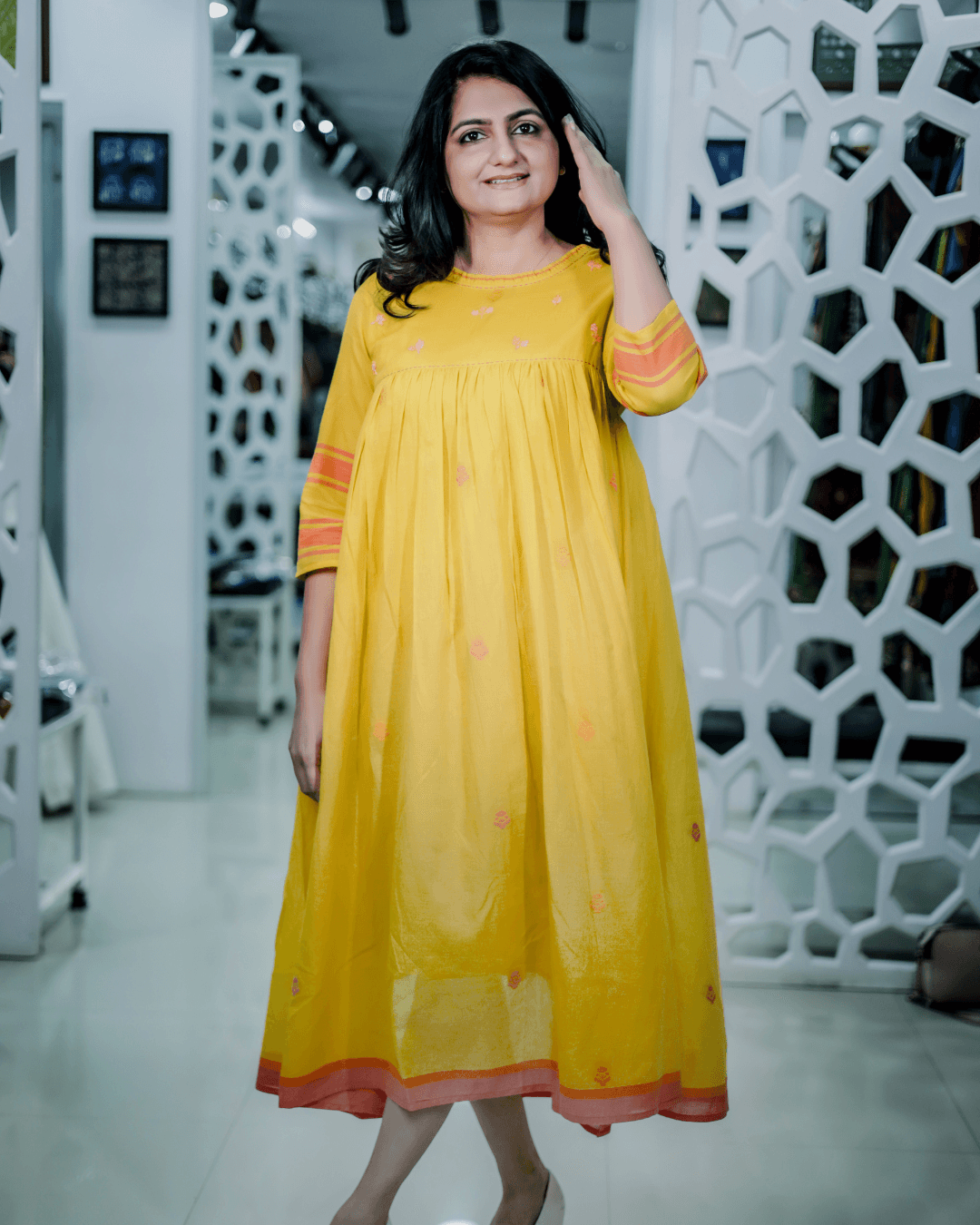 Mustard Yellow Mul Cotton Midi Dress – Button Yoke