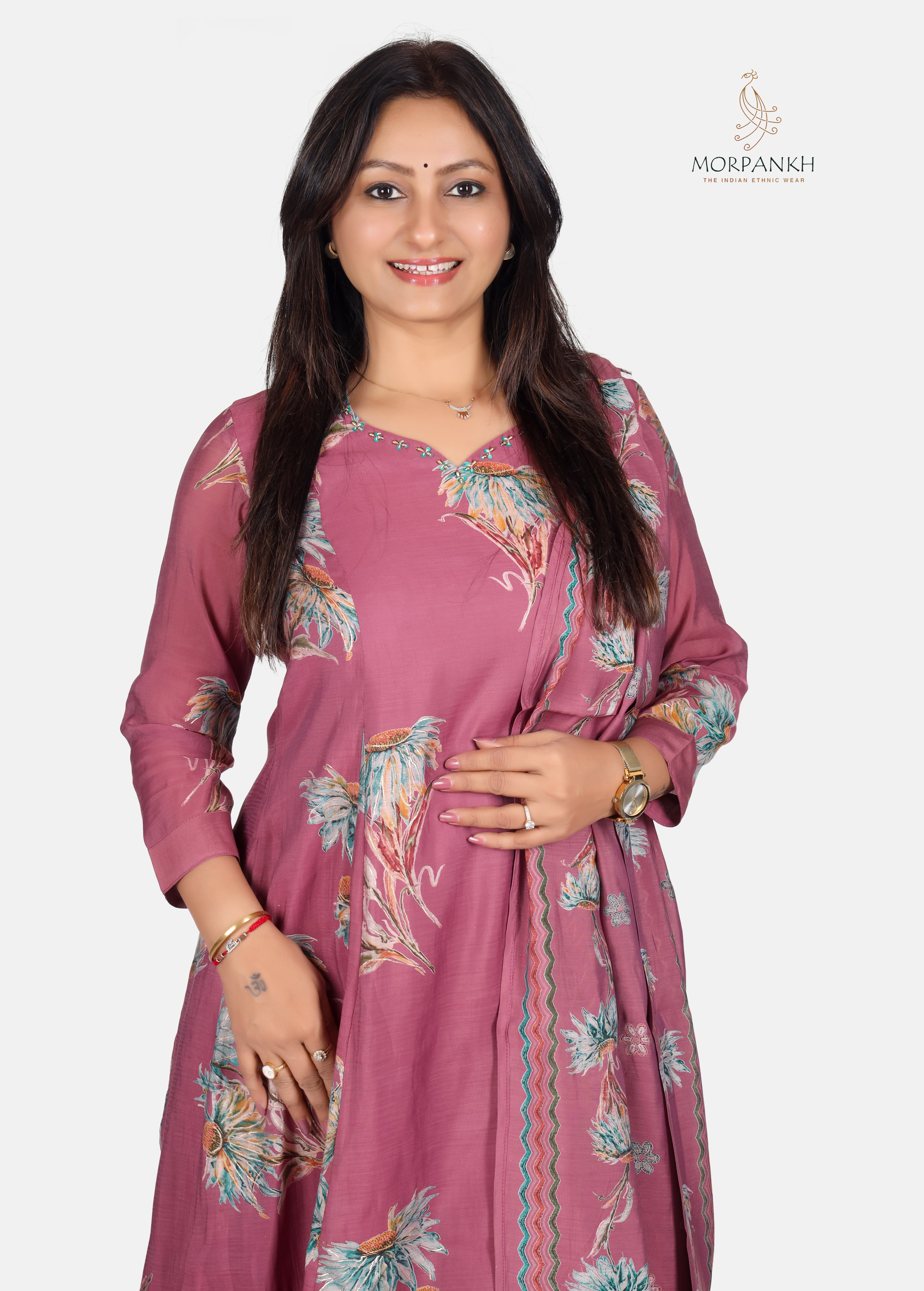Dusky Mauve Floral Dupatta Dress with Palazzo