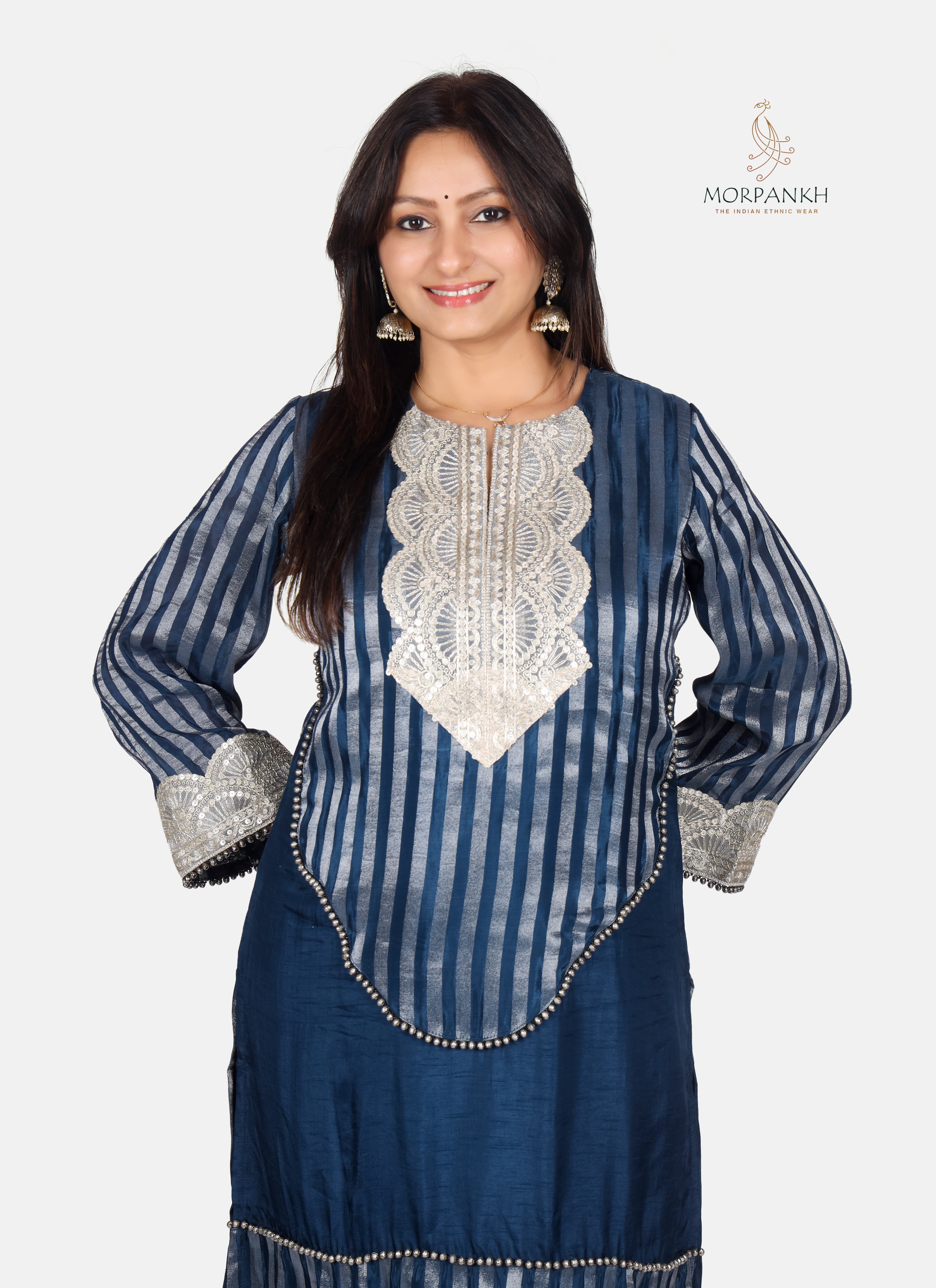 Navy Blue Striped Silk Shimmer Kurti Pant Set