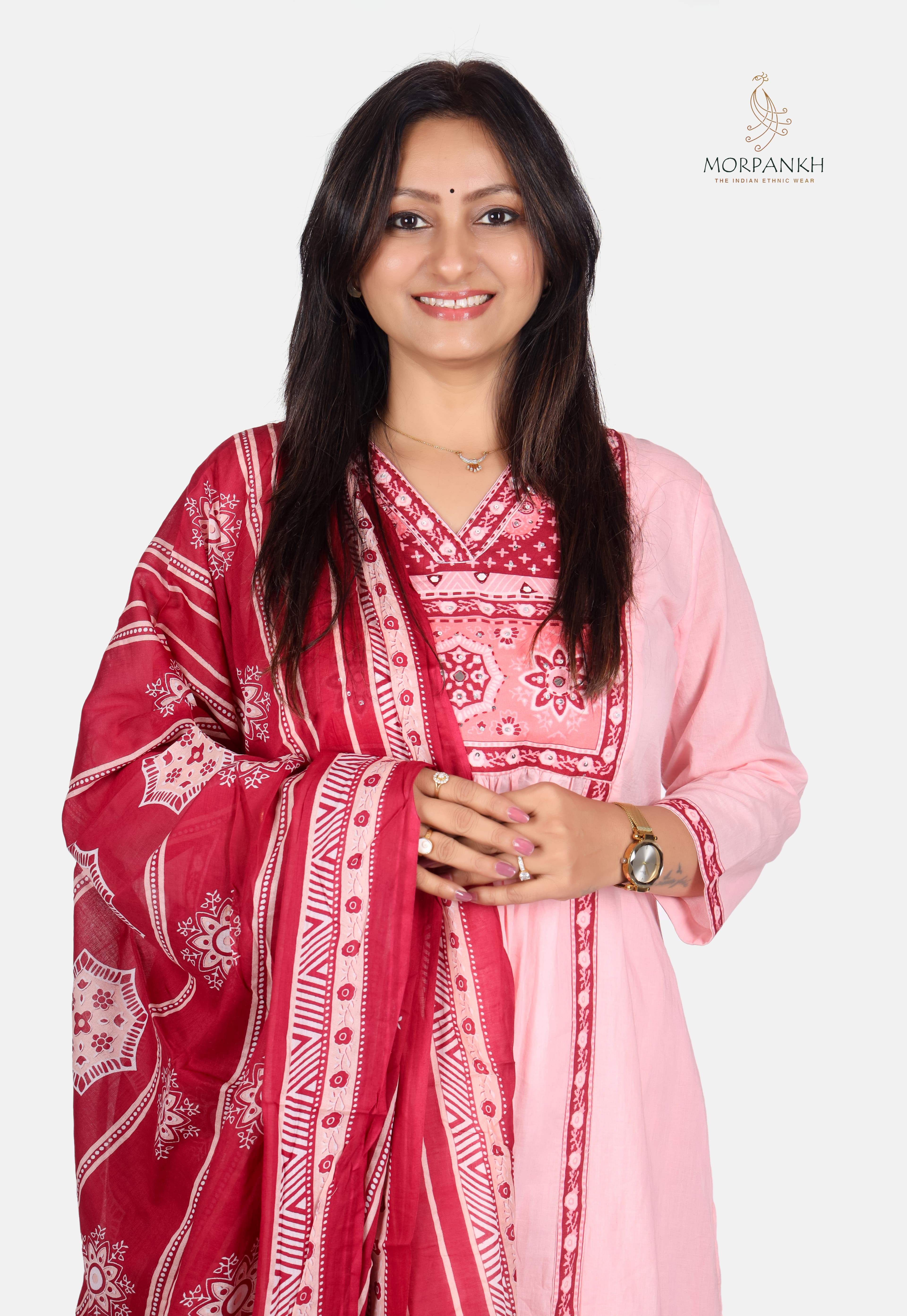 Baby Pink A-Line Kurta Palazzo with Contrast Dupatta