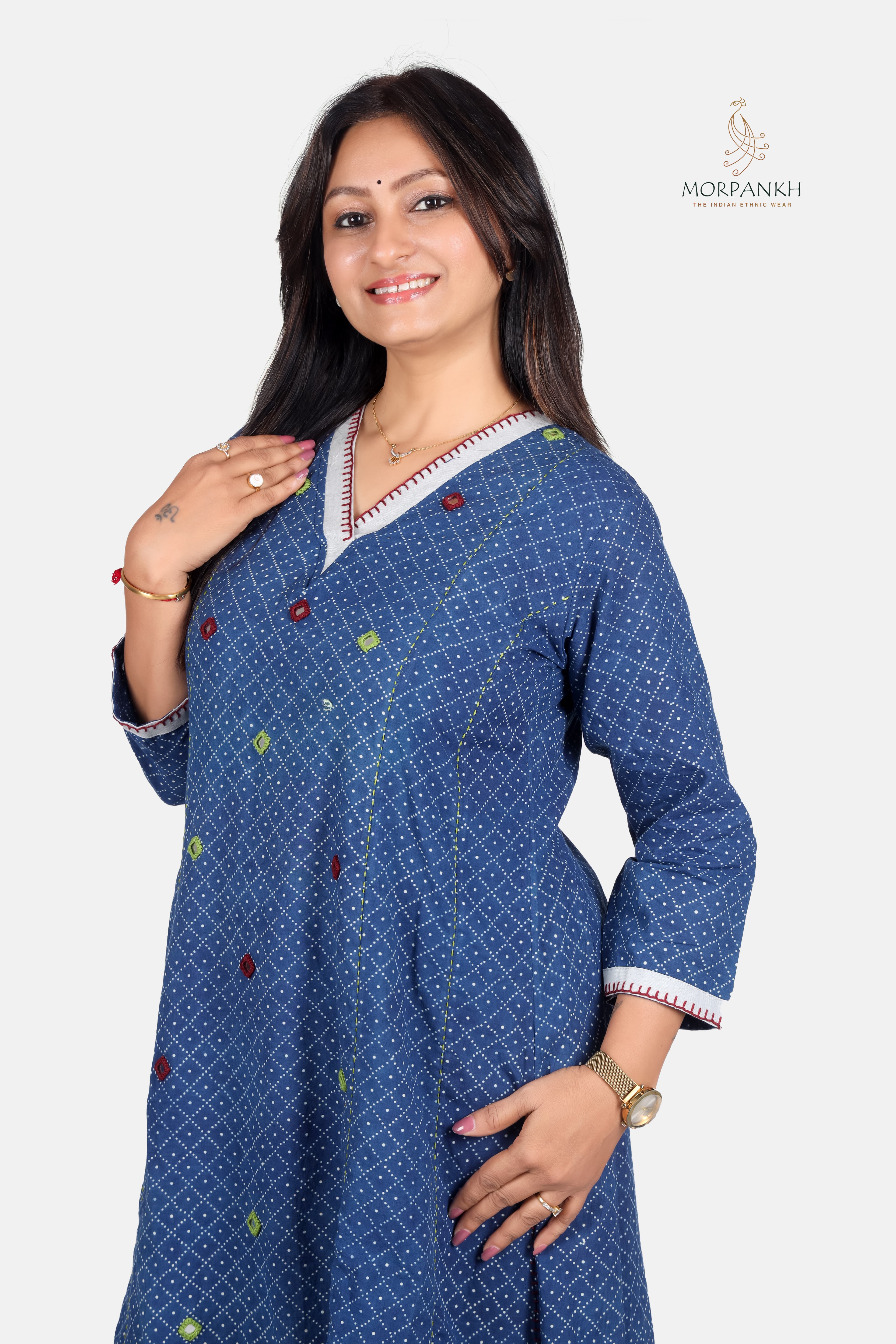 Indigo Hand Mirror Work Kurta Palazzo Set