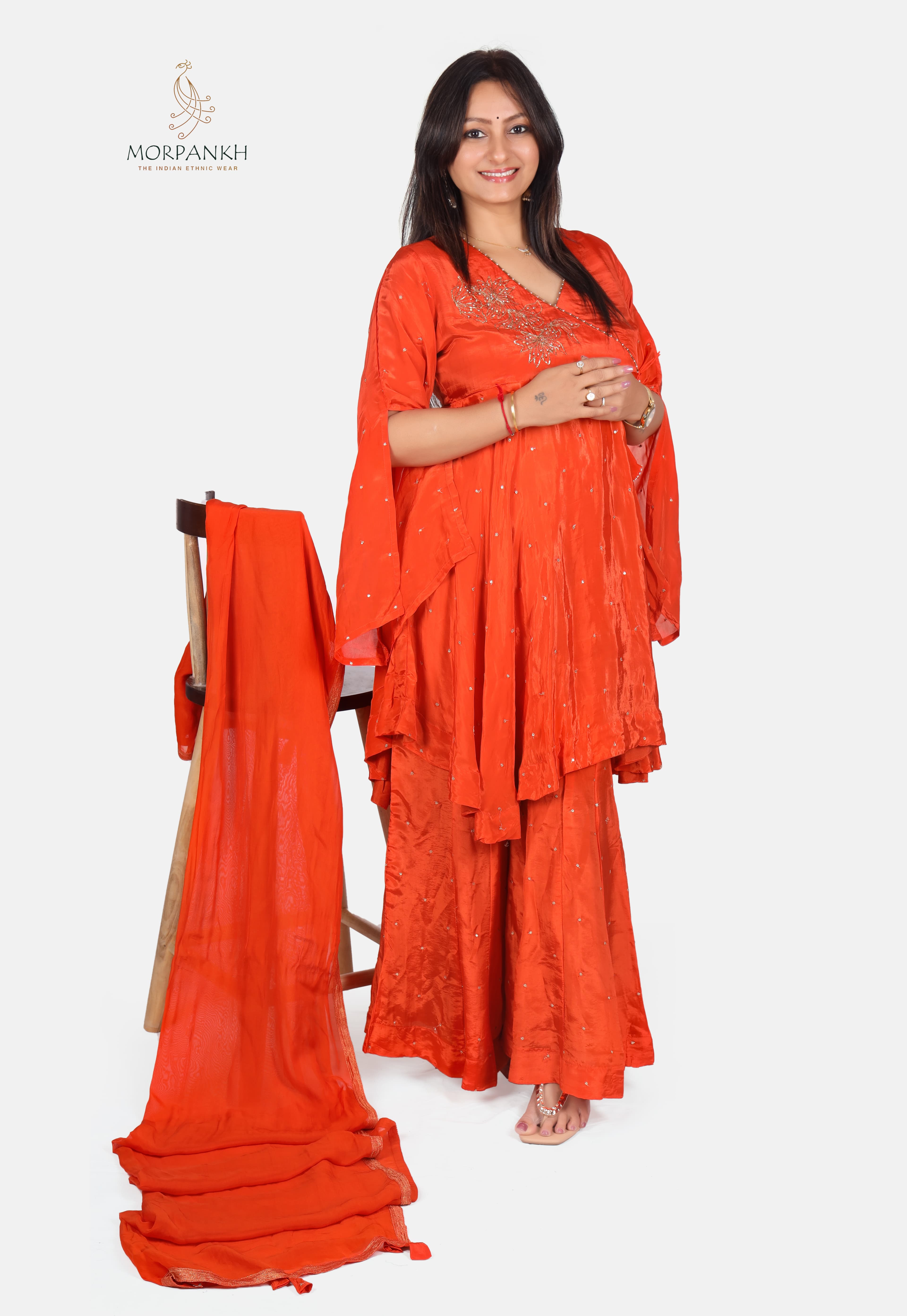 Bright Orange Silk Indo-Western Sharara Set